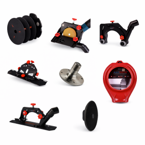 construction tool attachments and accessories for angle grinder including dust shrouds adapters and holders on white background