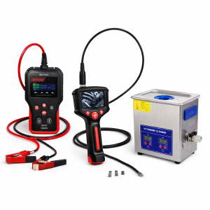 construction equipment and tools including diagnostic device inspection camera and ultrasonic cleaner on white background