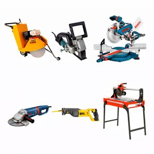 cutting equipment including concrete saw wall chaser circular saw angle grinder and tile cutter on white background